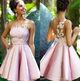 Incrível rosa sexy sheer malha topo de baile cetim renda apliques ruched uma linha princesa curto baile festa formatura vestidos personalizados