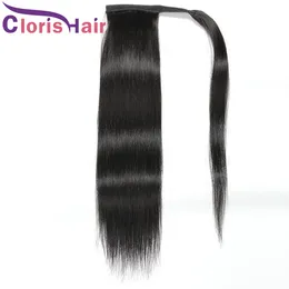 Grube ponytails owinąć wokół ludzkiego klamerki do włosów brazylijski dziewiczy proste rozszerzenia kucyk dla czarnych kobiet magiczny pasta kucyk ogon szpilki