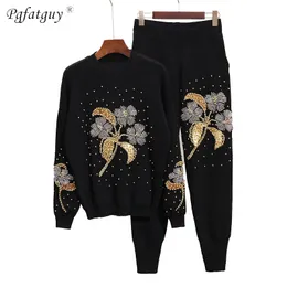 Höst Vinterexplosioner Sportkläder Blomma Tung Broderi Beaded Fashion Sweater Knitbyxor Passar Casual Women's Two-Pites Suit