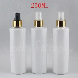 250ML White Flat Shoulder Plastic Bottle With Gold Spray Pump , 250CC Toner / Water Sub-bottling , Empty Cosmetic Container