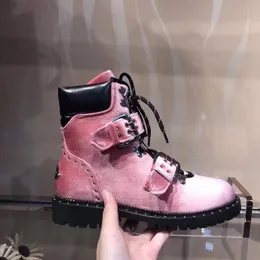 Hot Sale-Fashion Women JC Martin Low Heels Boots Luxury Ankle Winter Snow Rivet Suede Leather Motortycle Shoes Pink Size 35-39