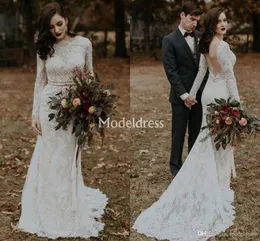 Country Style Bohemain Lace Mermaid Wedding Dresses Long Sleeves Backless Sweep Train Wedding Dress Bridal Gowns Vestidoe De Noiva