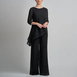 Vår 2020 Formell mor till bruden passar juvelhalsen 3/4 längd ärmar svart chiffong Kvinnor byxa kostymer för bröllop