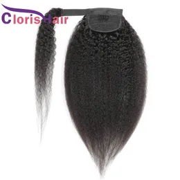 Kinky Straight Ponytails 100% Brasiliansk Virgin Mänskligt Hår Wrap Around Clip In Extensions för Black Women Coarse Yaki Real Pony Tail Hairstycke