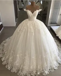 Dubai Arabischen Stil Elegante Prinzessin Spitze Ballkleid Brautkleider Schulterfrei Appliques Perlen Sweep Zug Brautkleid Brautkleid