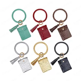 Mulheres Meninas Crocodile PU pulseira de couro Chaveiro Bangle Chaveiro Tassel Anel Círculo Keychain Wristlet Keyrings com Purse Cartão Wallet