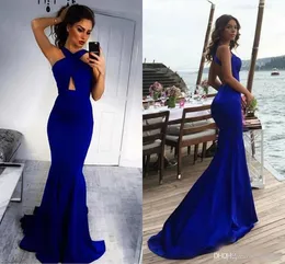 Sexy Simple Royal Blue Mermaid Bridesmaid платья Backblob Backless Satin Simple key Hookehole Pear Sweep Train Long Prom Dress Party Preams