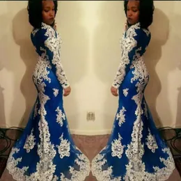 Skromne Niebieskie Suknie Wieczorowe Z Długim Rękawem Koronki Aplikacja Syrenka Africal Prom Dresses 2019 Custom Made Long Party Suknie