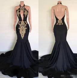 Black Backless Sexy Prom Dresses Halter Embroidery Gold Lace Applique Plunging Keyhole Custom Made Evening Party Gowns Formal Ocn Wear