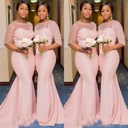 Blush Pink African Nigerian Mermaid Bridesmaid Dresses With Sleeve 2019 Sheer Lace Neck Plus Size Maid of Honor Wedding Guest Gown