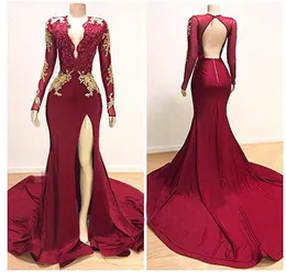 Vermelho escuro sexy fenda lateral vestidos de baile sereia ocasião especial 2020 decote em v renda frisado costas mangas compridas vestido formal vestido de noite