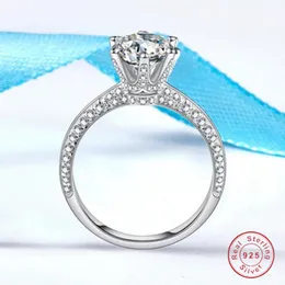 Clssssical 6 Claw Fashion Smycken Real 925 Sterling Silver Round Cut Vit Topaz CZ Diamond Gemstones Promise Ringar Kvinnor Bröllop Band Ring