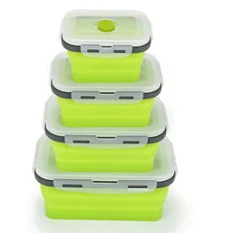 500mlシリコーンの折りたたみランチボックス食品貯蔵容器ベントBPAフリーマイクロレーブ可能な携帯用ピクニックキャンプ用長方形屋外ボックス
