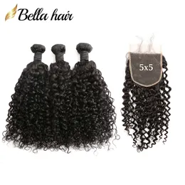 3 buntar med spetsstängning 5x5 Curly Wave Natural Black Virgin Weaves Weft 4 PCS/LOT BRAZILIAN PERUVIAN INDIAN BELLA HÅR