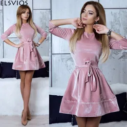 Elsvios Women Retro Velvet Dress 2018 Korean Style Autumn Winter Party Dresses Casual Three Quarter Elegant Mini Dress With Belt Y190514