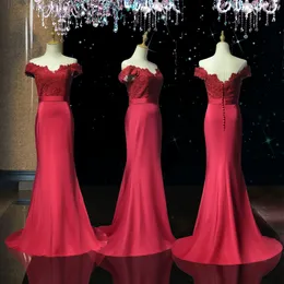 Lace Satin Long Bridesmaid Dresses with Appliques 2020 Off Shoulder Mermaid Prom Dress Beaded Evening Gowns