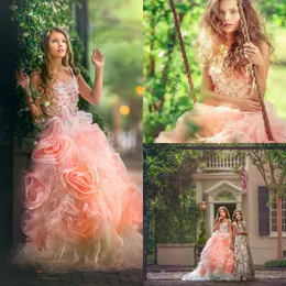 2019 Crystal Girls Pageant Dresses Spaghetti Lace Ruffles Tiered Skirts Luxury Flower Girls Dress Birthday Wear A Line Kids Wedding Gowns