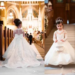 Nowa księżniczka Flower Girl na wesela Iluzja Pełna koronkowa aplikacje Tiul Long Rleeves Dziecko urodziny