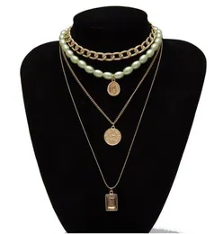 Fashion-Multi Layered Pearl Choker Halsband Krage Ställning Virgin Mary Coin Crystal Pendant Halsband Kvinnor Smycken