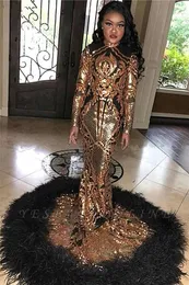 Luxury Gold Sequined Mermaid Prom Dresses Sexy Black Girl High Neck Long Sleeves Evening Gown With Feathers Plus Size Formal Dresses