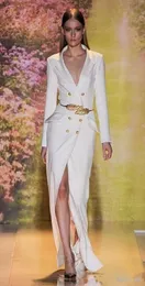 Nowa seksowna gorąca wyprzedaż biała podzielona długie sukienki wieczorowe Wysokiej jakości rękawy Seksowne sukienki na imprezę w dekolcie w dekolcie z Złotym Pasem 22