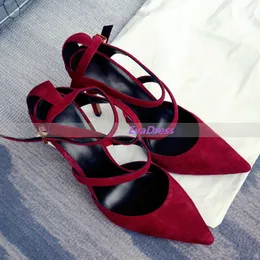 Hot Sale-Famous Ladies Women Prom Open Shoes Pumps Sexig Grunt Månad Suede Bourgogne Pointed Stiletto Straps High Heels