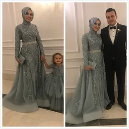 2019 Aso Ebi Arabic Muslim Lace Beaded Evening Dresses Long Sleeves A-line Prom Dresses Tulle Formal Party Second Reception Bridesmaid Gowns