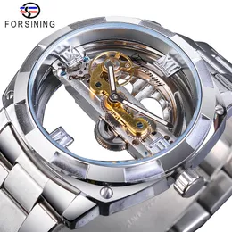Forsining Мужские механические часы с прозрачным дизайном, автоматические серебряные квадратные золотые шестерни со скелетом из нержавеющей стали, ремни, часы Saati Y2535