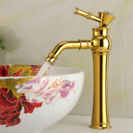 Grifo de lavabo frío y caliente de cobre de un solo orificio de latón para baño de lujo antiguo dorado, lavabo de baño Jingdezhen, grifo dorado