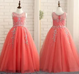 Mercan Kızlar Pageant Elbiseler Kristaller Boncuk Sparkly Tül Bir Çizgi Kat Uzunluğu Doğum Günü Partisi Elbise Çiçek Kız Custom Made