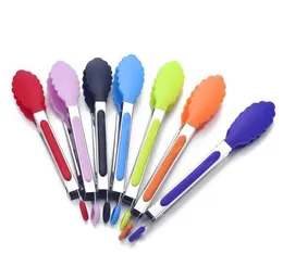 Wholesale 500pcs/lot 8 inches Silicone stainless steel Tongs BBQ Clip non-stick Salad Bread Cooking Food Serving Tongs