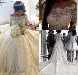 2019 Saudi Arabic Vintage Lace A-line Wedding Dress Dubai Off Shoulders Long Sleeves Bridal Gown Custom Made Plus Size