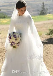 Elegante muslimische Brautkleider in A-Linie, Stehkragen, lange Ärmel, Spitzenapplikationen, Pailletten, Satin, bodenlange Brautkleider, Brautkleider