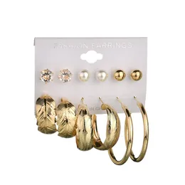 Nowy Vintage 6Pairs Sets Srebrny / Złoty Kolor Mix Pearl Ear Stud Circle Oversize Set Set dla kobiet Szerokie oświadczenie Hoop Kolczyk