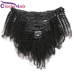 Afro Kinky Curly Extension Clip Ins Brazylijski Dziewiczy Human Hair 120g 8 sztuk / Ustaw pełną głowę Kręcone klipsy w splocie Natural Black # 1b