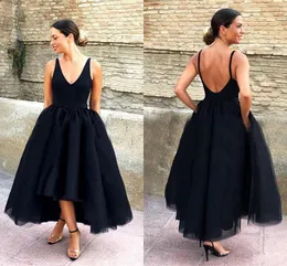 Prom Dresses Black Deep V-Neck High Low Spaghetti Straps Open Back Arabic Formal Tail Party Gowns With Pockets Vestidos De Fiesta