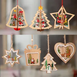 Christmas Tree Pattern Wood Hollow Snowflake Snowman Bell Hanging Decorations Colorful Home Festival Christmas Ornaments Hanging GB1399