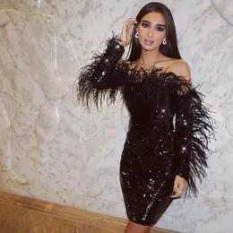 Black Sheath Cocktail Party Dresses Long Sleeves Off Shoulder Feathers Lace Sequined Short Prom Evening Gowns Sexy Club Wear