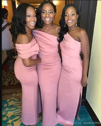 African Pink One Shoulder Satin Long Bridesmaid Dresses 2020 Ruched Side Split Sweep Train Wedding Guest Maid of Honor Dresses BM1212K