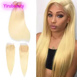 Malaysisk mink 613# Blond raka buntar med spetsstängning av babyhår 4x4 Middle Free Three DEL WEFT MED STÄNGER RÄTT