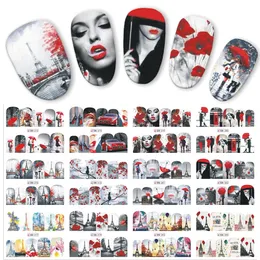 Neue 12 teile/los Wasser Nail art Transfer Aufkleber Sexy Frau Schwarz Rot Charme Designs Aufkleber Dame DIY Werkzeuge JIBN373-384