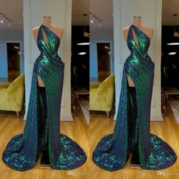 Vestido de noite verde glitter um ombro com mangas de ombro lantejoulas de alta divisão de piso vestidos de festa formal festas feitas longa pro254q