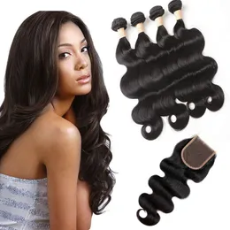 Malaysisk Virgin Hair Body Wave 5 stycken En uppsättning mänskliga hårbuntar med spetslås 4x4 mitten av tre lediga del 8-28 tum