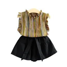 Kids Outfits INS Baby Girls Clothing Sets Children Summer Cotton Chiffon T-shirt+Skirts Short Pants Striped 2pcs Suits GGA2346