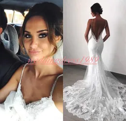 Seksowne Koronki Koraliki Syrenki Suknie Ślubne Paski Arabski 2019 Afryki Backless Plus Size Country Vestido de Novia Suknia Bridal Dress Dress