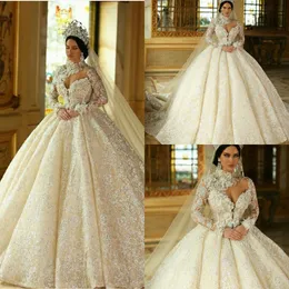 Ball Gown Wedding Dresses High-neck Long Sleeve Beaded Appliqued Sequins Bridal Gown Ruffle Sweep Train Custom Made Robes De Mariée Hot Sell