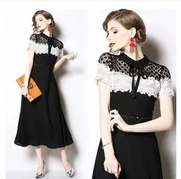 New design women's o-neck short sleeve black white color block lace floral patched chiffon high waist a-line maxi long dress SMLXLXXL