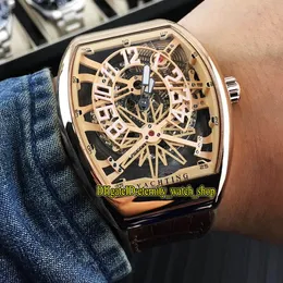 High Quality VANGUARD YACHTING GRAVITY V45 T GR YACHT SQT Gold Skeleton Dial Automatic Mens Watch Rose Gold Case Leather Strap Spo277v