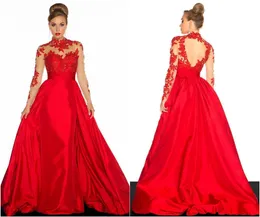 Sheer Style Red Prom Dresses Long High Neck Lace Taffeta A-Line Applique Long Sleeve Backless Formal Evening Gowns Hot Sales Custom