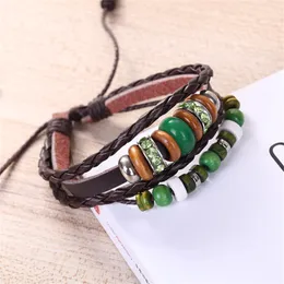 Opal Bead Leather Bracelets Crystal Diamond Bracelet Multilayer Adjustable Braided Wrap Jewelry for Women Girls Fashion Gift Chain Wristband